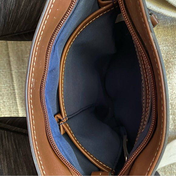 Chaps Brown Leather & Woven Straw Crossbody Shoulder Bag Adjustable StrapVintage - Picture 9 of 9